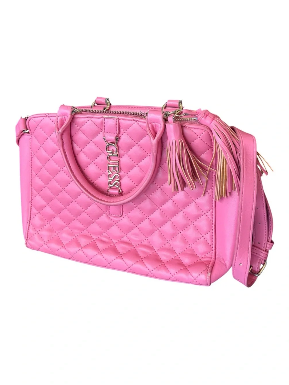 GUESS Pink Quilted Satchel with Tassel Charm